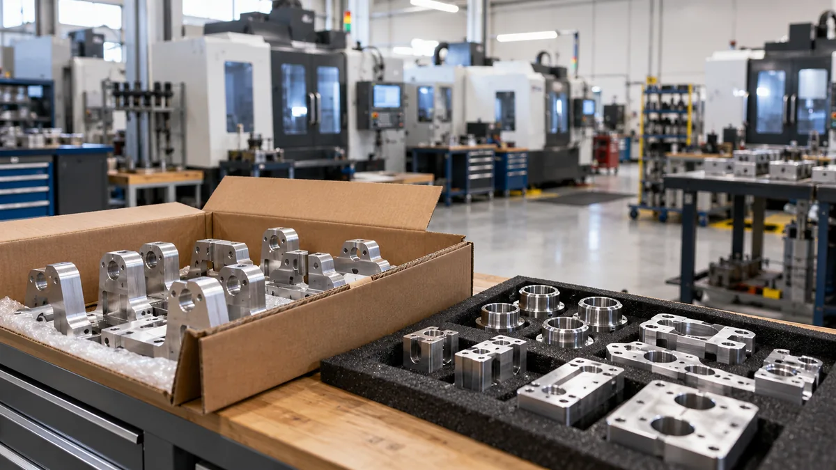 Machined parts packed in a box and foam tray for same-day courier delivery